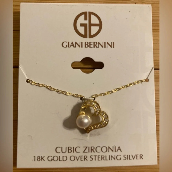 GIANI BERNINI Valentine’s Heart Necklace 18k Sterling Silver CZ Faux Pearl NWT - Picture 1 of 3